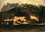early impressionistic painting of dark storm clouds over pililared structure