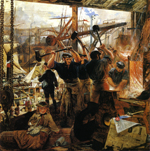 painting of men working in factory near hot furnace