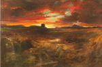 painting of the squat, dark tower on the horizon, across a rough wasteland