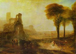 Yellow-hued painting of Caligula's palace with tall trees nearby