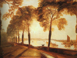 orangish painting of tall trees in full blom near a shore