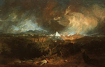 a tempestuous painting of Egypt as seen from a distance, dark storm clouds swirling above a white pyramid