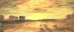 a painting of a wide own plain with trees in the distance, as the sun goes down