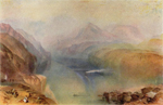 a painting of a river running between rising hills to left and right