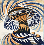 twisting painting of merry-go-round in orange and blue