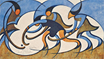 four female figures dancing, blue and yellow against white