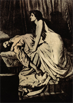 painting of female vampire in nightgown hovering over unconscious man on bed