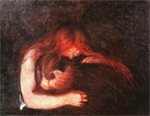 painting of female vampire with long red hair spread out over a subdued male figure