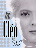 One poster for Agnes Varda's Cléo de 5 à 7, with close-up of half Cléo's face on right, and grey dots against blue background on left