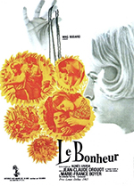 One poster of film Happiness (French: Le Bonheur) with profile shot of woman on right looking at flower-shaped circles containing scenes of married life