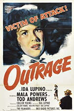 One poster of film Outrage, a closeup, colored drawing of a distraught woman's face