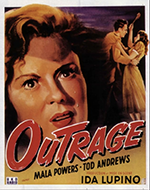 One poster of film Outrage, a closeup, colored drawing of a distraught woman's face