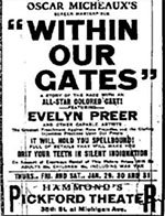Black and White theater poster of Within our Gates. Text with no images.