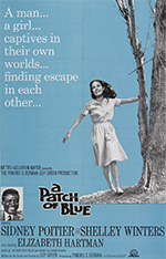 blue and white one poster of 1965 film A Patch of Blue, Selina walking towards us with her left hand holding to a tree branch