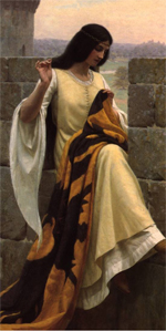 long-haired, young woman in yellow and white dress takes needle and thread to a long, gold and black banner on her lap