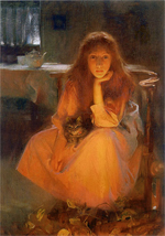 a painting of a young woman in her nightgown looking into a fire with a cat on her lap. The background is lit my moonlight through a window, and the woman and cat are glowing from the firelight. The woman has her head propped on her hand as if deep in thought.