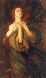 a painting of a woman with red flowing hair standing with her eyes closed and looking upward. She is wearing an off-the-shoulder gown of deep olive and turquoise Her hands are both holding her dress at her collarbones. The background is a dark amber and brown.