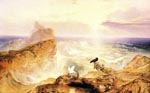 a painting of a rocky seashore with crashing waves at daybreak or dusk. The waters are dark with the sun lighting up the rocky shoreline. A black bird it perched onthe rocks watching the rough waves, and a white dove is flying by. 