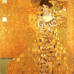 a portrait of a woman with an abstract gold gown which blends in with the gold background of the rest of the painting. The woman has dark brown hair in an updo, and her hands are clasped in front of her chest.