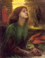 a painting of a woman on bended knees and her eyes closed. She has her hands laid on top of one another, palms up. She has a green cloack and long hair. There is a figure in red over her shoulder to the left of the frame, and a dark figure over her other shoulder to the right of the frame. There is a sundial in the background, and a red bird placing a small branch in the woman's open hands.