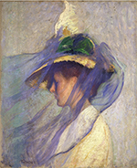 a painting of a side-profile woman from the chest up facing left. The woman is wearing a plain cream dress and an ornate, large hat. Her hat has a large white feather and green fabric at the brim. There is a large, sheer blue veil from the hat which sweeps across the entire image as if there were wind blowing.