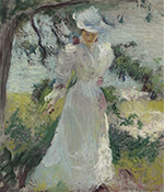 a painting of a woman in a white gown with long sleeves walking beneath a tree in tall grasses and wildflowers. She is wearing a light blue sunhat and looking towards the ground.