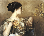 a painting of an elegant woman from the waist up looking to the right at a flower arrangement. She has dark brown hair in a soft updo. Her dress is off the shoulder with sheer voluminous sleeves. Both arms are bent at the elbow with her hands to her chest. She has a large, detailed corsage of yellow roses.