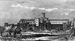 a black and white drawing of a large, bold structure with fences and many small windows. The landscape around it is minimal with a few scattered trees.