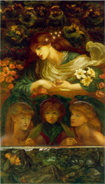 An intricate painting with three separate scenes. The scene at the top is a young woman with a flowing gown holding three white lillies daydreaming about intimate embraces with a male figure. She is surrounded by flowers. The middle scene is of three women, and the woman in the middle may be the woman from the top image. She is being pulled from either side fromt he other two women. The bottom scene is a man laying beneath a tree looking up at the woman at the top.