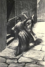 A black and white sketch of a man in a cloak and top hat standing over a person whose arms are outstretched trying to protect themself. The man has a cane overhead and looks to be striking the other person. They are in a dark alleyway with stairs ending where they are standing. The road is made of large cobblestones.