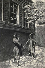 a black and white drawing of two men in overcoats, top hats, and walking canes standing on a cobblestone road outside a building. A third person is halfway out an open window and calling down to the other two men.