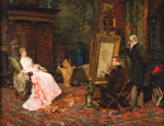 a painting of a woman wearing a fancy pink gown witting in a large ornate chair with her head tilted to the side. She is in front of a large wood cabinet and the room is carpeted with red and blue intricate design. She is on the left of the frame, and on the right is a painter sitting painting a portrait of the woman with a large canvas in front of him. There is a man standing behind the painter watching him paint.