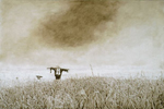 monochromatic painting of suit-dressed scarecrows in a corn field