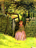 young woman in pink dress with bonnet sits at opening to a stone fenc