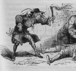 illustration of Barnaby holding a torch over the body of a supine man