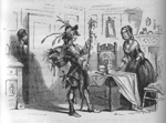 Barnaby Rudge confronting his mother while the unseen spectre of an unidentified figure watches him from behind