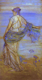 Impressionistic painting of woman in gossamer clothes walking away from viewer towards ocean