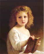 A little girl with red hair holds open a leather-bound book while looking at the viewer