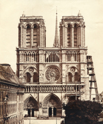 black-and-white print of the Notre Dame facade