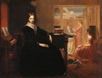 painting of a governess in black dress teaching a few young children