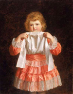 painting of very young girl in white and peach-colored dress, lifting up her white frock