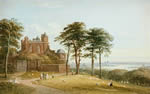 a painting of a large structure on a hilltop overlooking a wooded area. The building is grand and prominent with tall trees around, and there are people walking along the roadway leading up to it. 