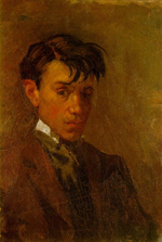 a painting of a portrait of a young man from the chest up looking at the viewer. The colors are brown and neutral. The man has dark brown hair and brown eyes, and he is wearing an overcoat and tie.