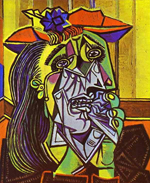 an abstract painting of bright geometric chapes which come together to form a woman's head waering a bright red hat with a blue flower. She has a hand to her mouth, and her eyes look distraught. The shapes form a heart at the center of her face, and all of the bright surrounding colors change to dull grays inside the heart.