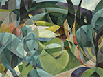 cubist painting of treees and buildings, pieced together with fragmented geometrical shapes