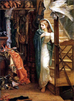 young woman draoped in white with a bleu cloak descends stairs and approaches a room filled with garments