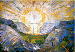 abstract painting of the sun radiating light out over blue and grey hills