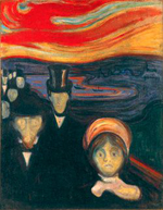 abstract painting of pedestrians on a bridge, with downcast faces, against a red and orange sky in background