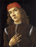 young man in Renaissance garb, with red cap and brown vest