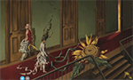 Dorothea Tanning's surrealist painting Eine Kleine Nachtmusik, containing figures on a red carpet next to a closed door and a large sunflower